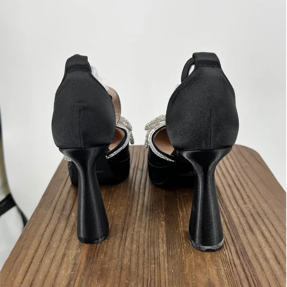 Jenn Ardor Black Satin Platform Heels Rhinestone Bow Pointed Toe Prom 6 NWT
